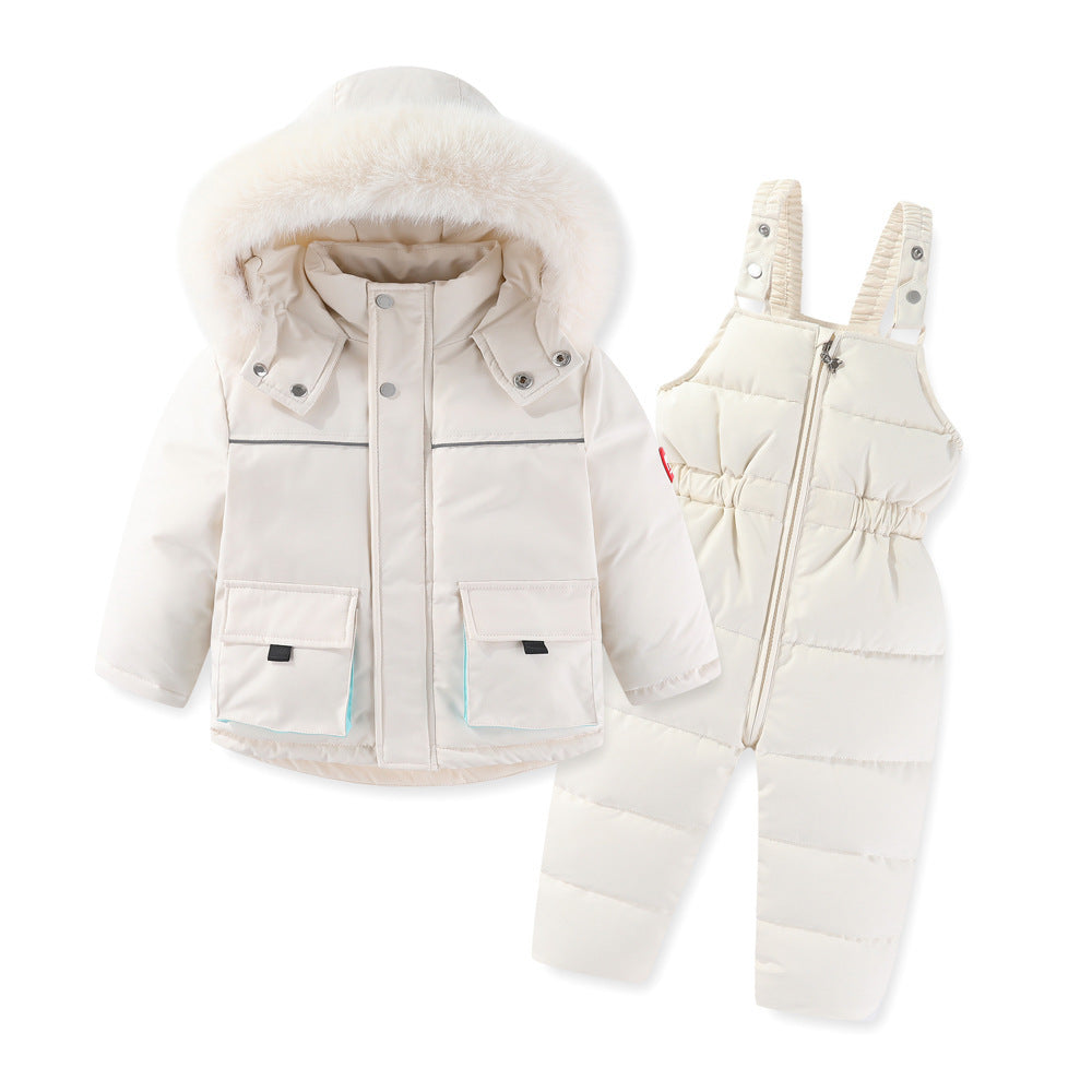 Windproof Waterproof Boys And Girls Big Fur Collar Ski Cotton-padded Overalls Suit - Nordic Vinterstil