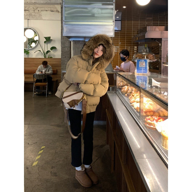 Milk Tea Color Big Fur Collar Short Down Jacket Women - Nordic Vinterstil