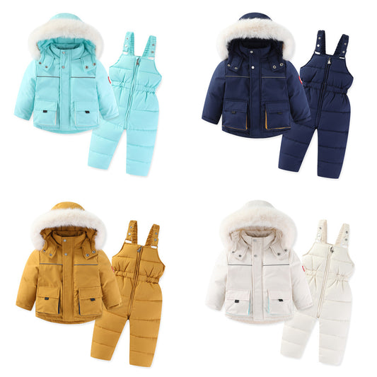 Windproof Waterproof Boys And Girls Big Fur Collar Ski Cotton-padded Overalls Suit - Nordic Vinterstil