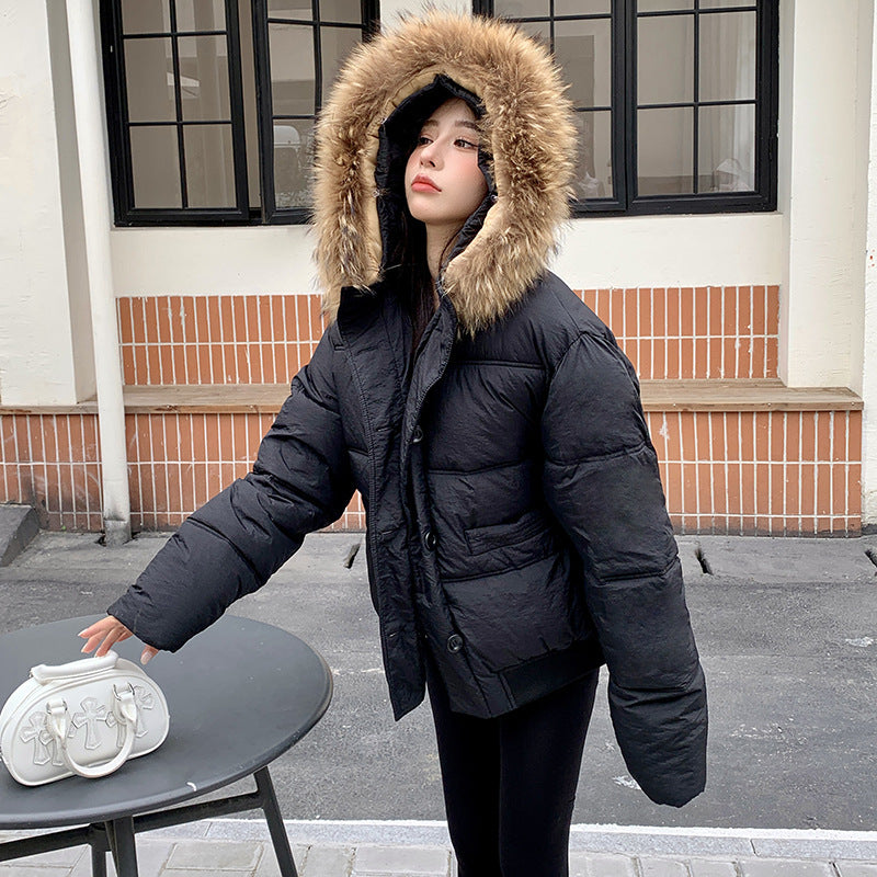 Milk Tea Color Big Fur Collar Short Down Jacket Women - Nordic Vinterstil