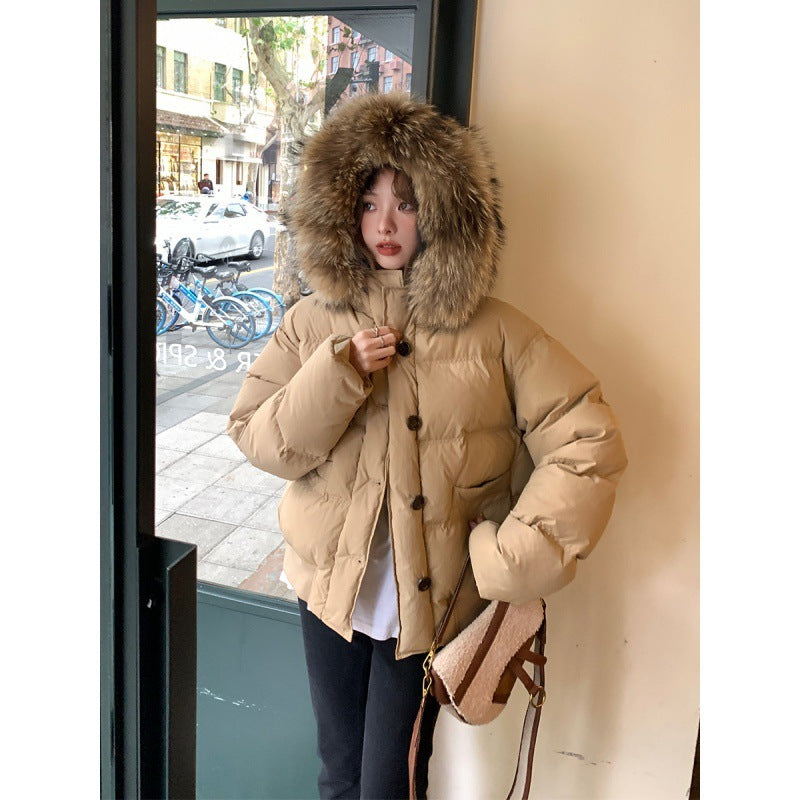 Milk Tea Color Big Fur Collar Short Down Jacket Women - Nordic Vinterstil