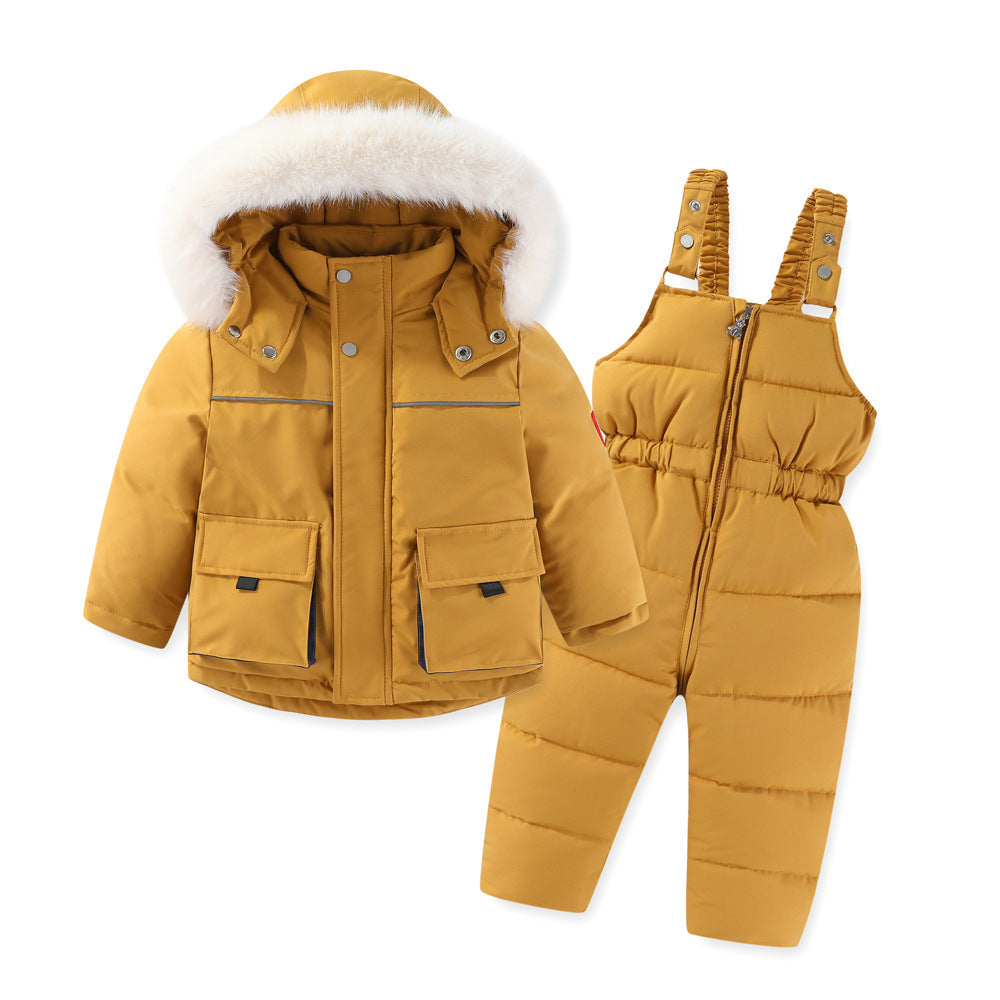 Windproof Waterproof Boys And Girls Big Fur Collar Ski Cotton-padded Overalls Suit - Nordic Vinterstil