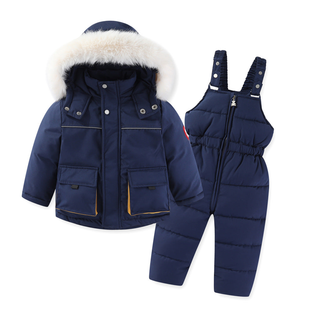 Windproof Waterproof Boys And Girls Big Fur Collar Ski Cotton-padded Overalls Suit - Nordic Vinterstil