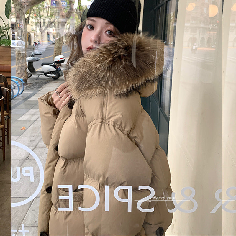 Milk Tea Color Big Fur Collar Short Down Jacket Women - Nordic Vinterstil