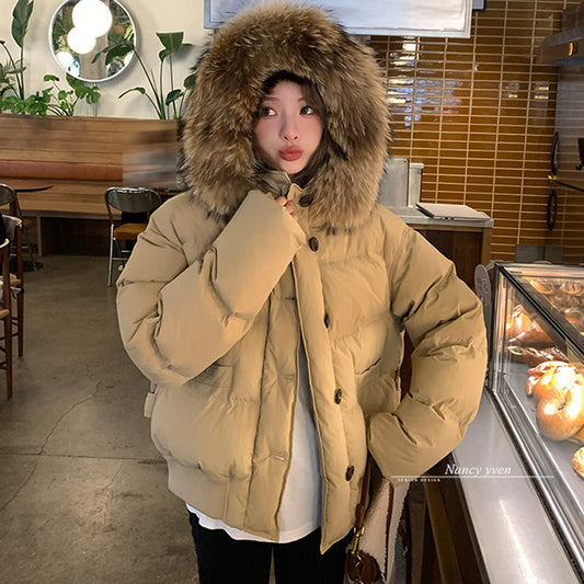 Milk Tea Color Big Fur Collar Short Down Jacket Women - Nordic Vinterstil