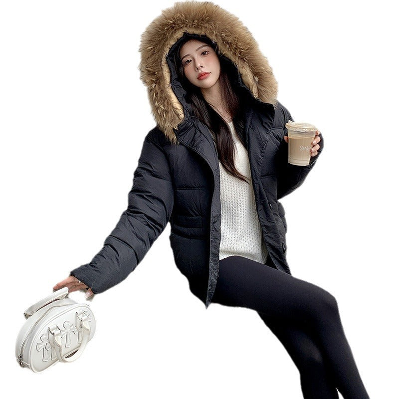 Milk Tea Color Big Fur Collar Short Down Jacket Women - Nordic Vinterstil