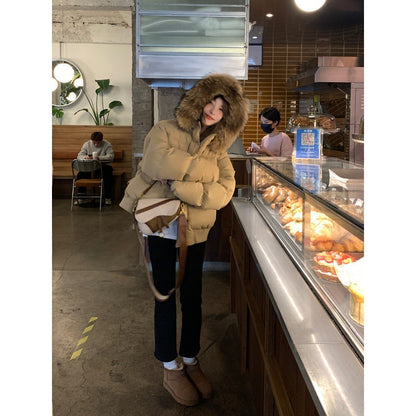 Milk Tea Color Big Fur Collar Short Down Jacket Women - Nordic Vinterstil